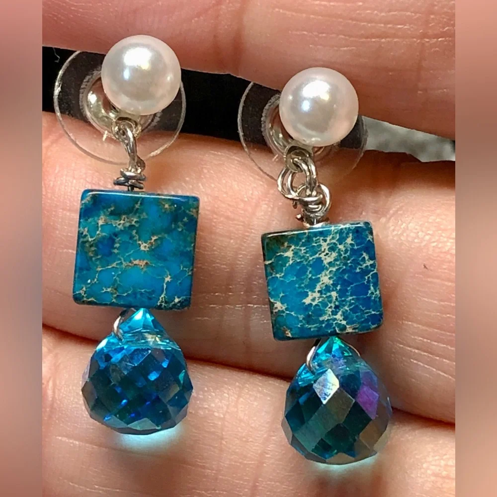 🦋Pretty blue and sea sediment earrings-artisan - Picture 2 of 9